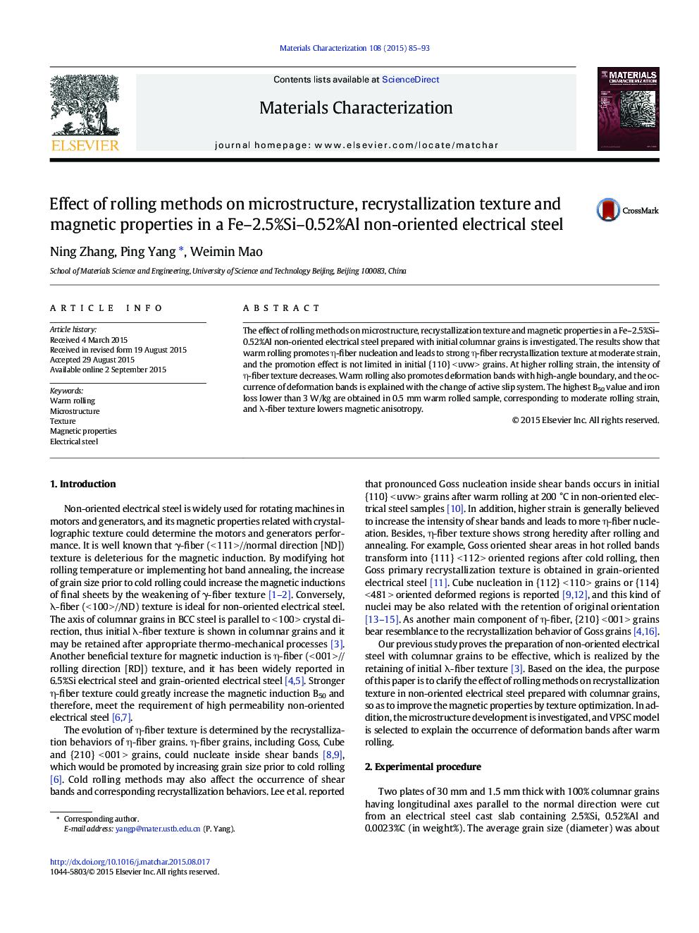 Effect of rolling methods on microstructure, recrystallization texture and magnetic properties in a Fe-2.5%Si-0.52%Al non-oriented electrical steel