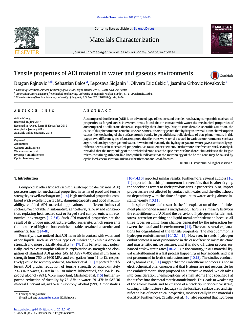 Tensile properties of ADI material in water and gaseous environments