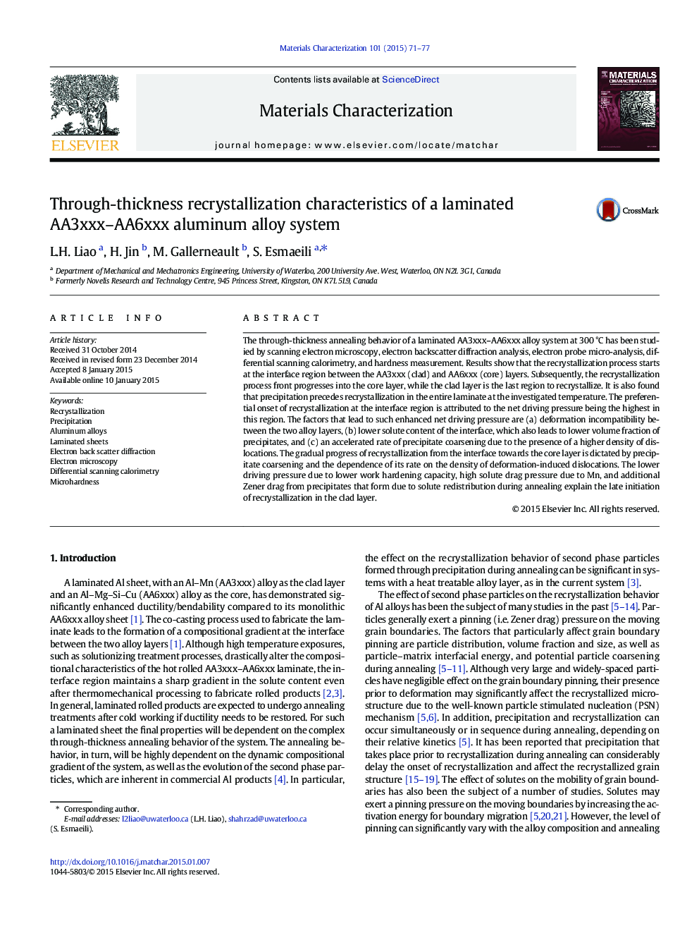 Through-thickness recrystallization characteristics of a laminated AA3xxx-AA6xxx aluminum alloy system