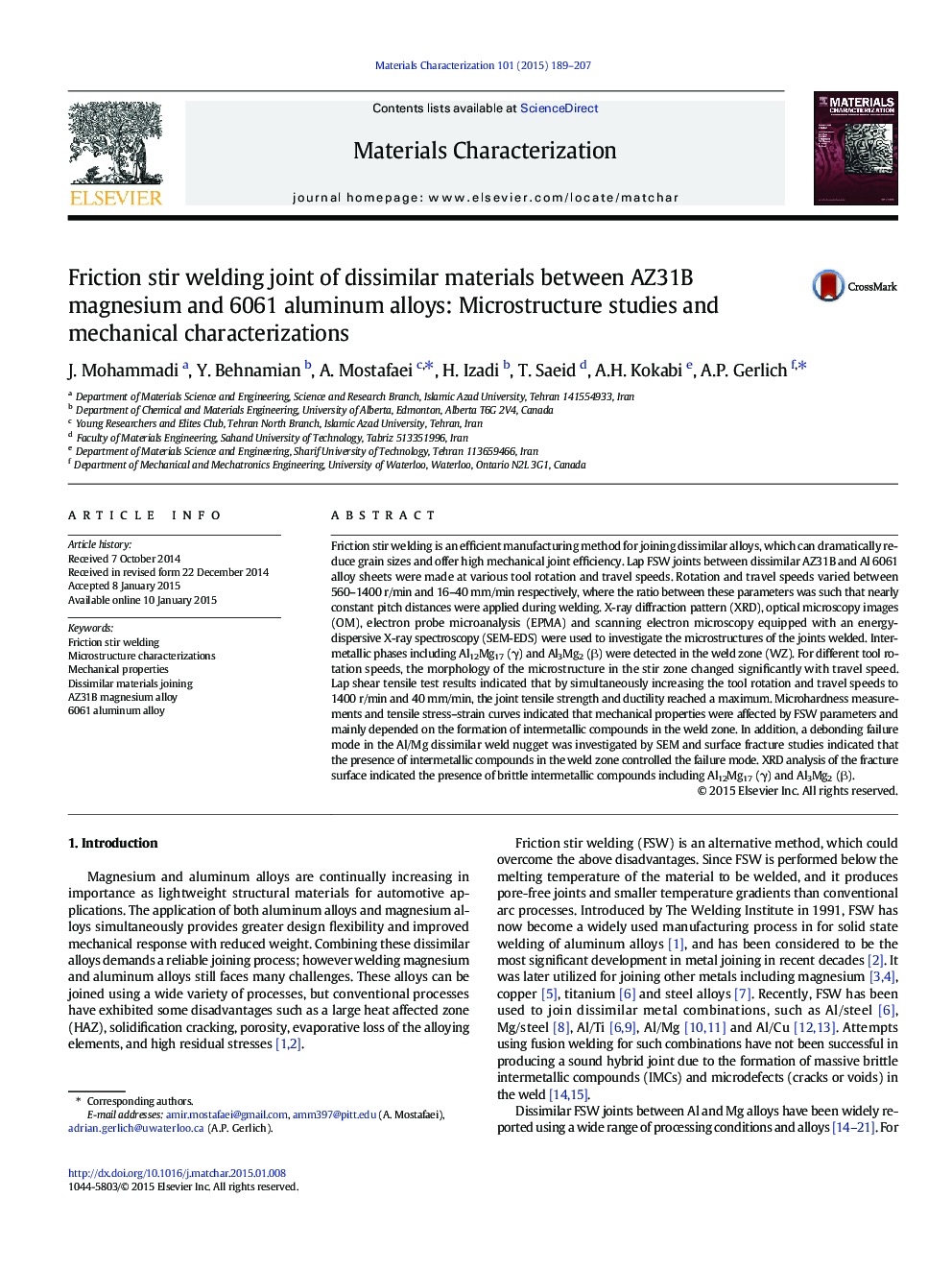 Friction stir welding joint of dissimilar materials between AZ31B magnesium and 6061 aluminum alloys: Microstructure studies and mechanical characterizations