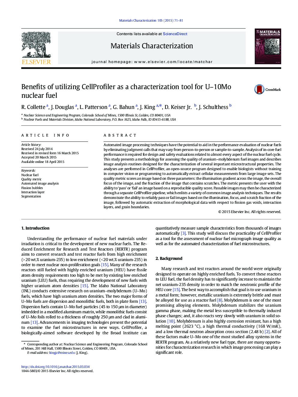 Benefits of utilizing CellProfiler as a characterization tool for U-10Mo nuclear fuel