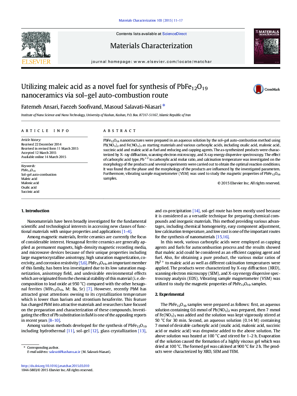 Utilizing maleic acid as a novel fuel for synthesis of PbFe12O19 nanoceramics via sol–gel auto-combustion route