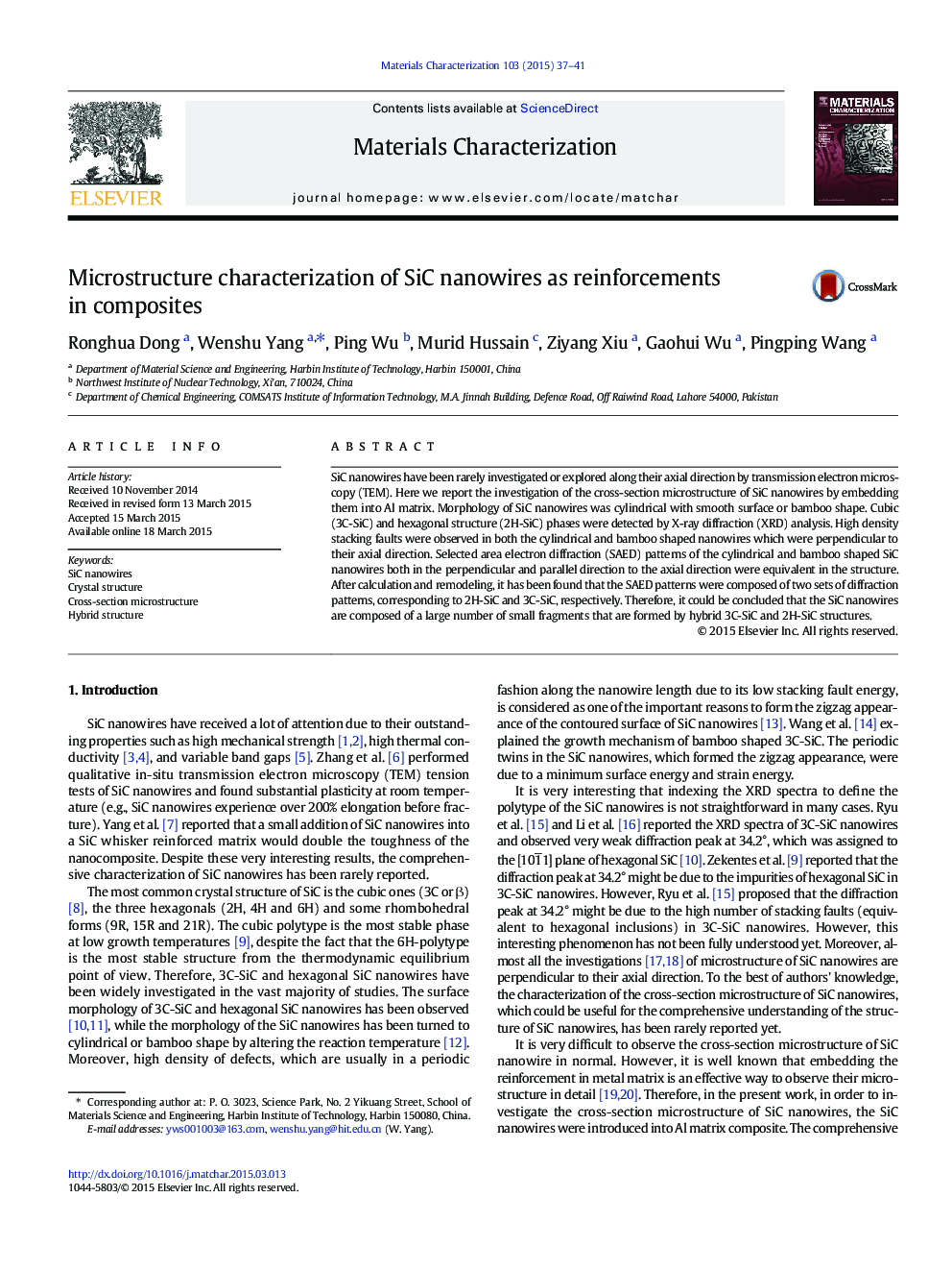 Microstructure characterization of SiC nanowires as reinforcements in composites