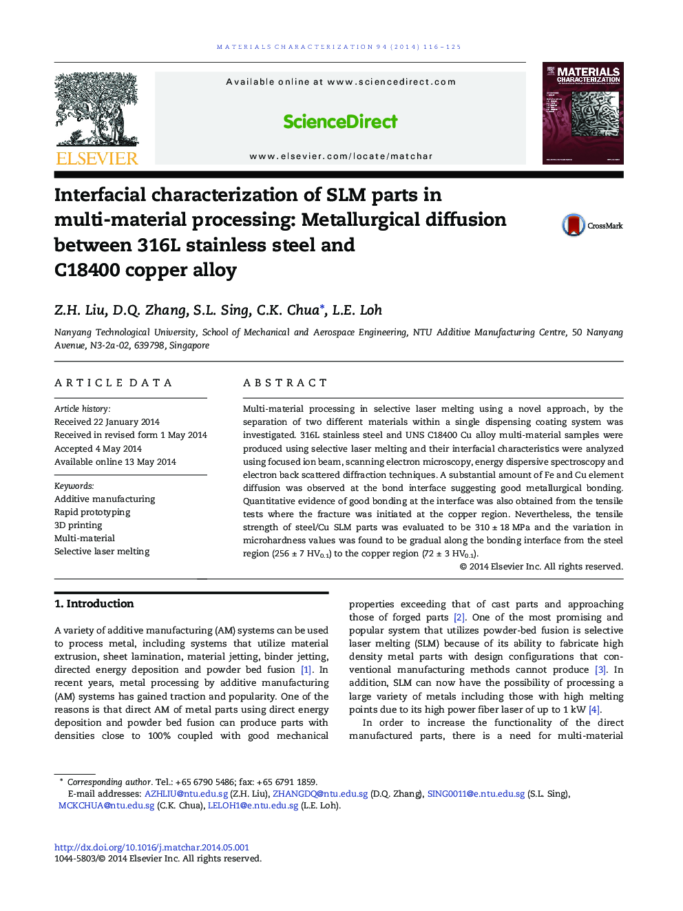 Interfacial characterization of SLM parts in multi-material processing: Metallurgical diffusion between 316L stainless steel and C18400 copper alloy