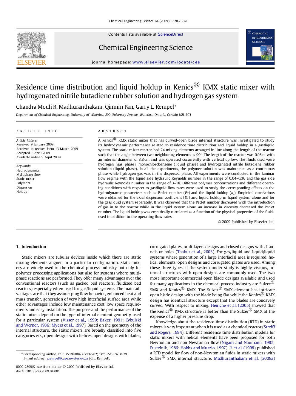 Residence time distribution and liquid holdup in Kenics® KMX static mixer with hydrogenated nitrile butadiene rubber solution and hydrogen gas system