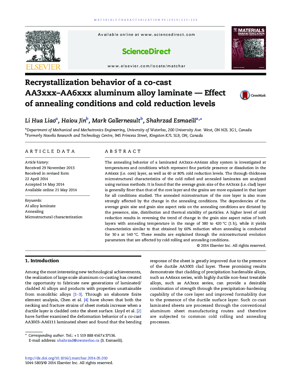 Recrystallization behavior of a co-cast AA3xxx-AA6xxx aluminum alloy laminate - Effect of annealing conditions and cold reduction levels