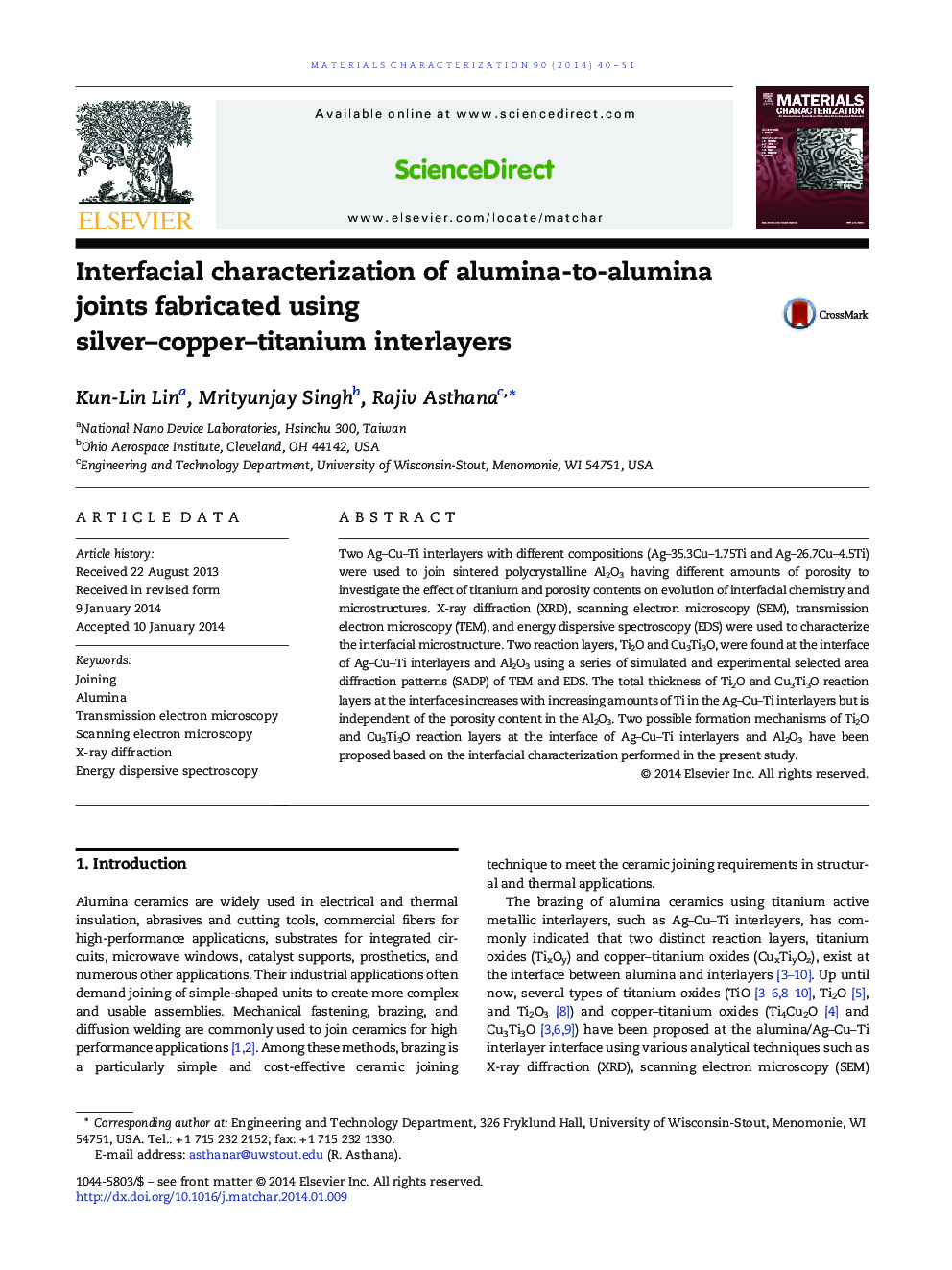 Interfacial characterization of alumina-to-alumina joints fabricated using silver-copper-titanium interlayers