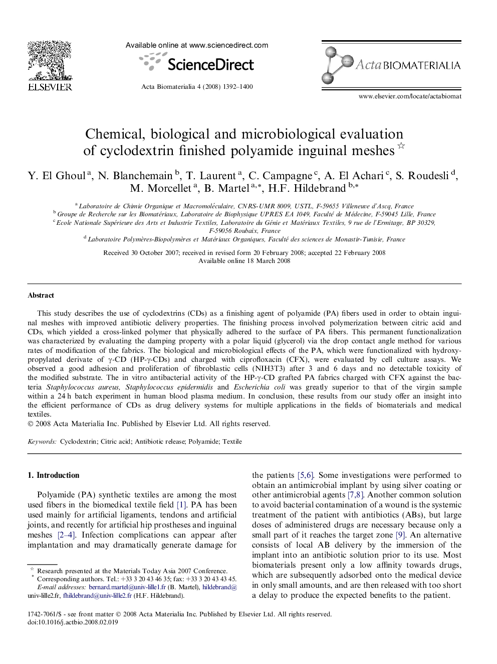 Chemical, biological and microbiological evaluation of cyclodextrin finished polyamide inguinal meshes 