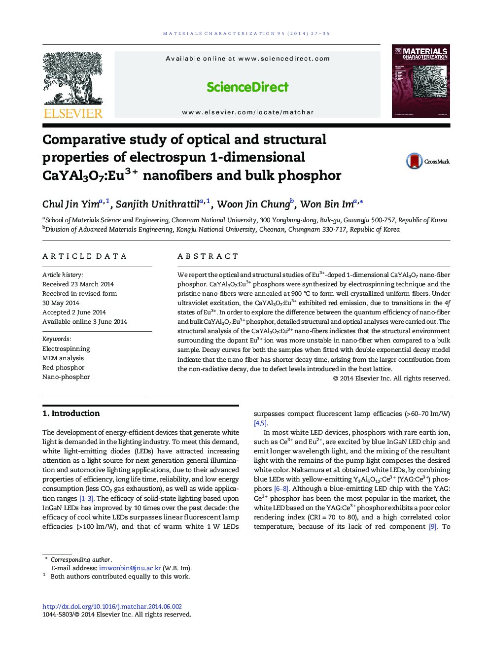 Comparative study of optical and structural properties of electrospun 1-dimensional CaYAl3O7:Eu3 + nanofibers and bulk phosphor