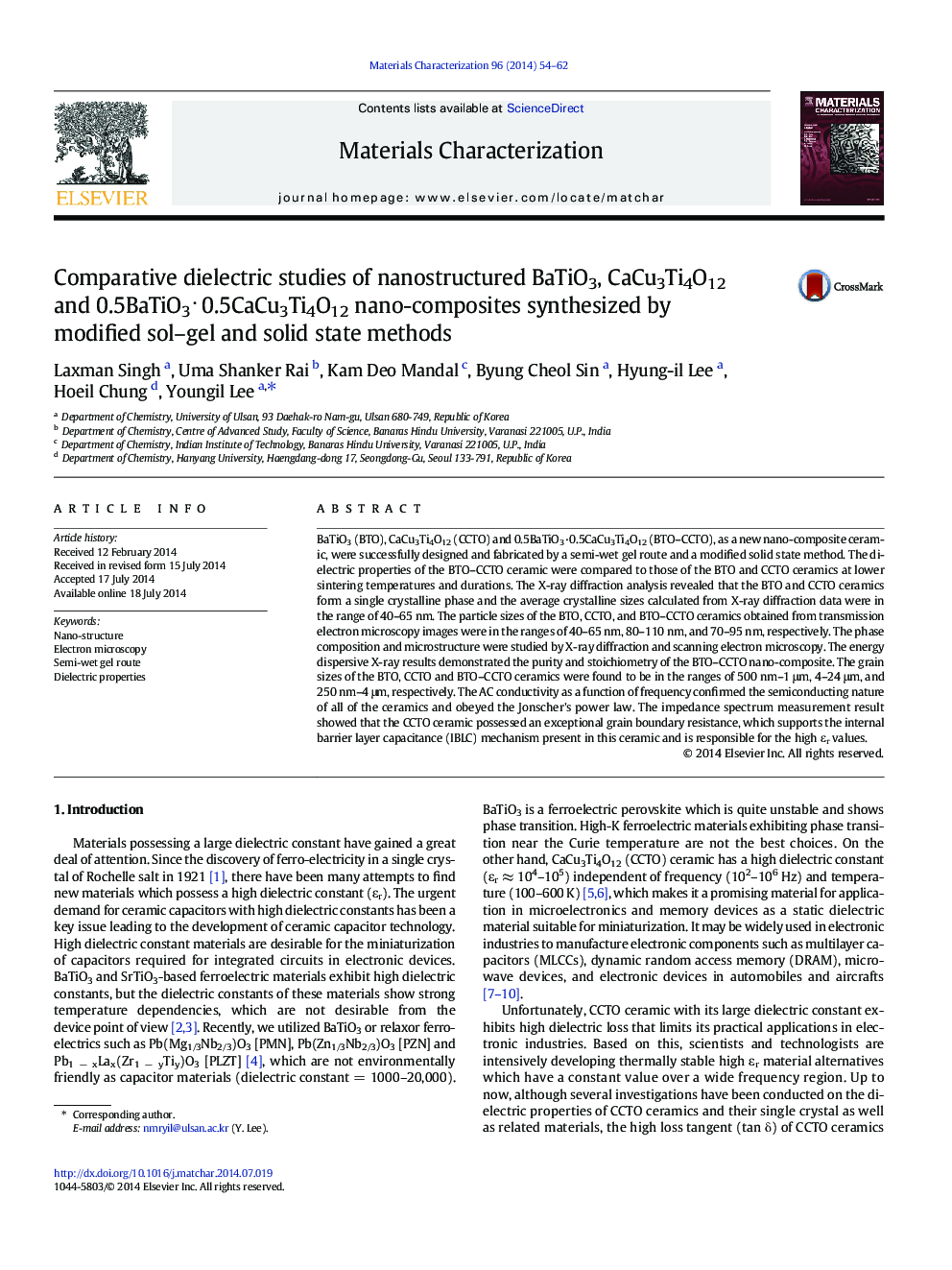 Comparative dielectric studies of nanostructured BaTiO3, CaCu3Ti4O12 and 0.5BaTiO3âÂ 0.5CaCu3Ti4O12 nano-composites synthesized by modified sol-gel and solid state methods