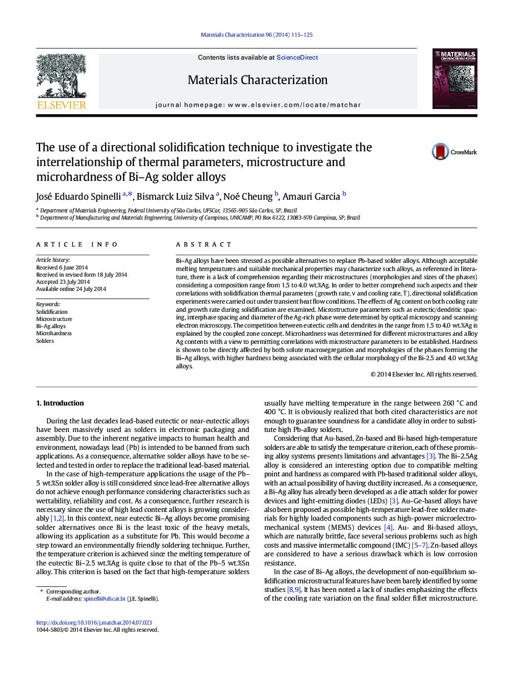 The use of a directional solidification technique to investigate the interrelationship of thermal parameters, microstructure and microhardness of Bi–Ag solder alloys