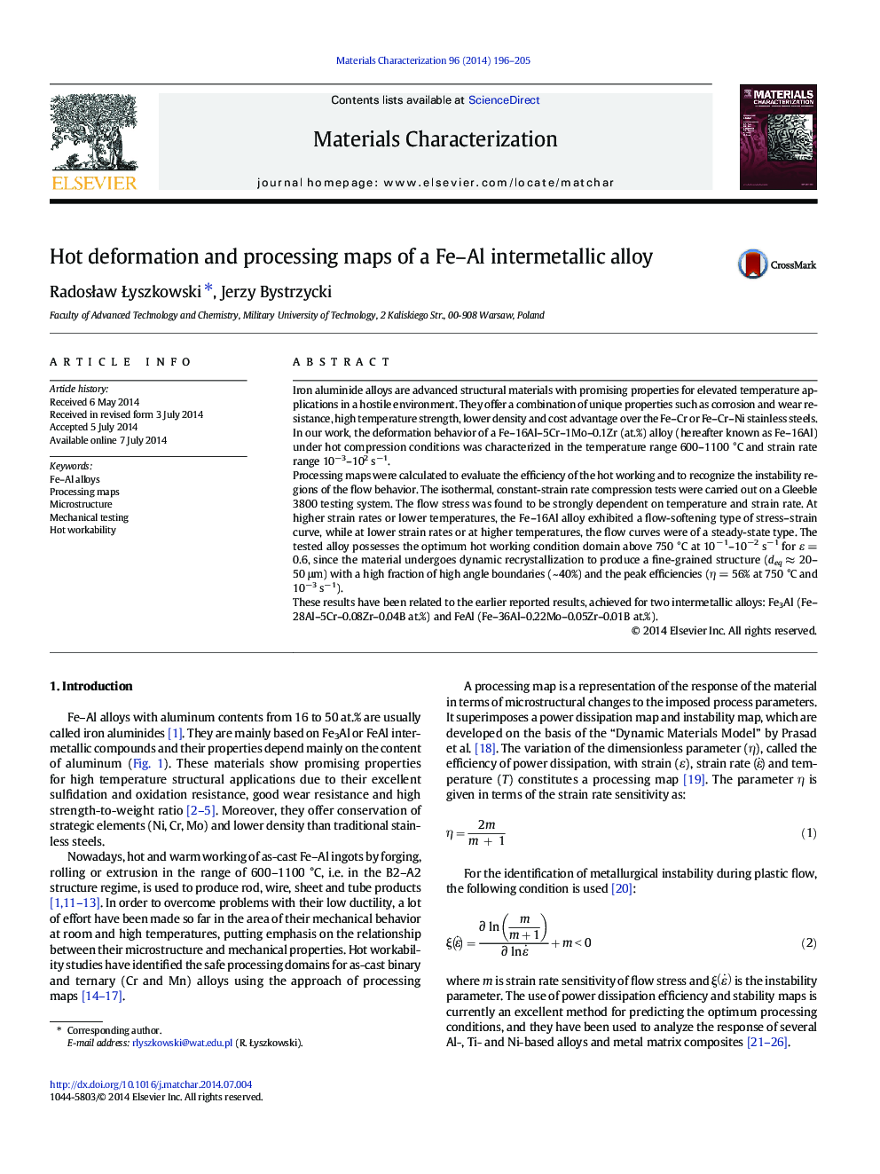 Hot deformation and processing maps of a Fe–Al intermetallic alloy