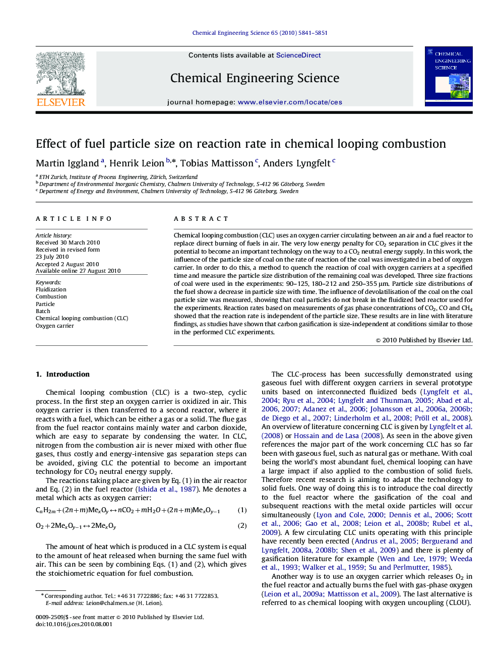 Effect of fuel particle size on reaction rate in chemical looping combustion