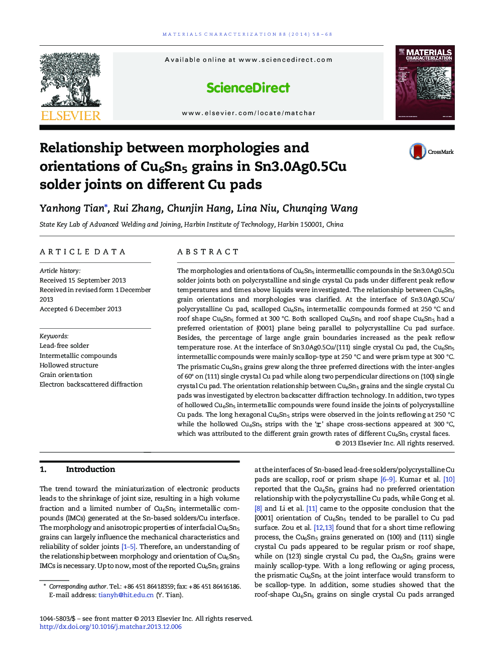 Relationship between morphologies and orientations of Cu6Sn5 grains in Sn3.0Ag0.5Cu solder joints on different Cu pads