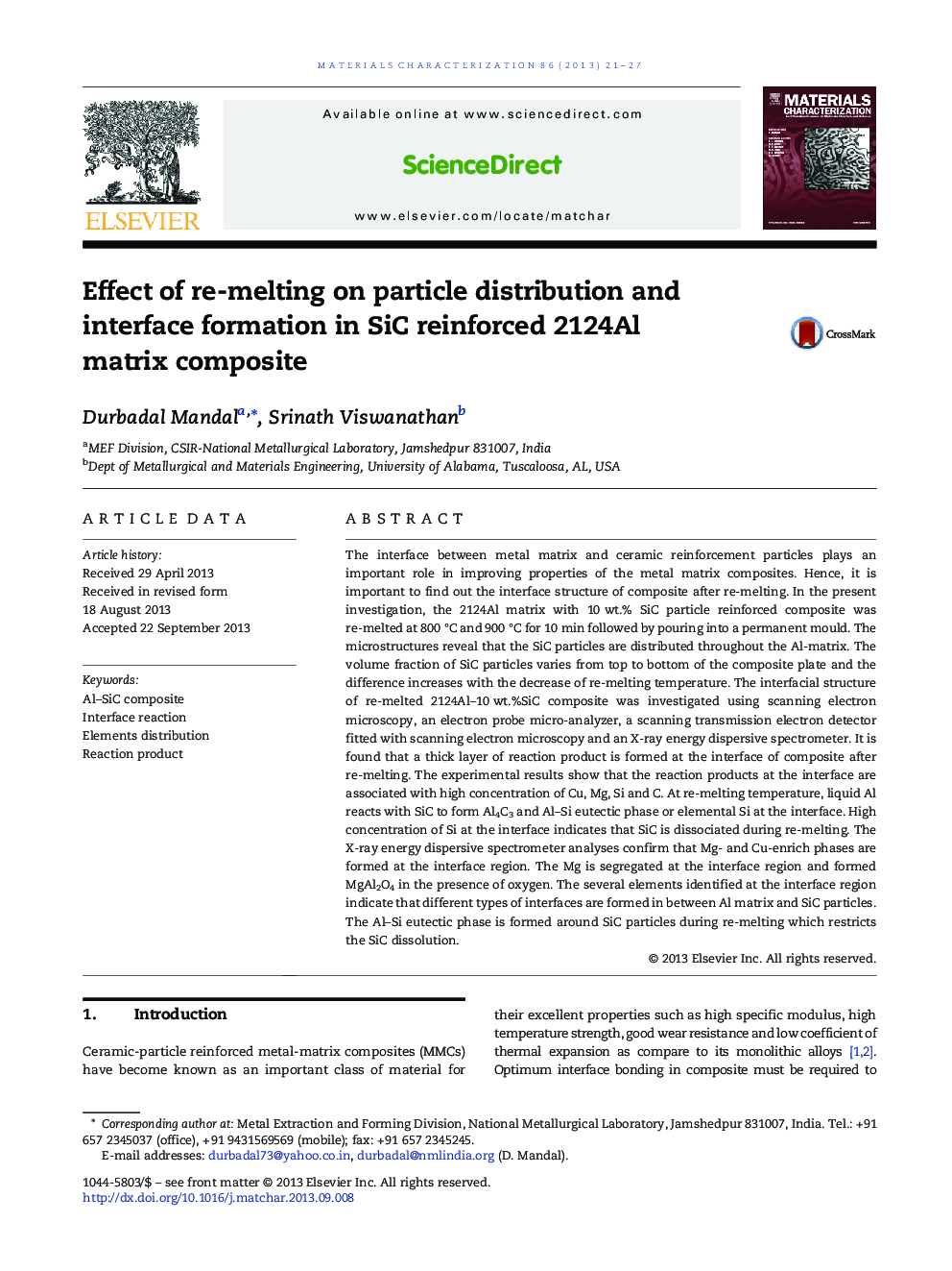 Effect of re-melting on particle distribution and interface formation in SiC reinforced 2124Al matrix composite