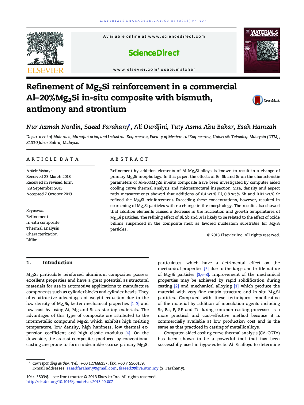 Refinement of Mg2Si reinforcement in a commercial Al-20%Mg2Si in-situ composite with bismuth, antimony and strontium