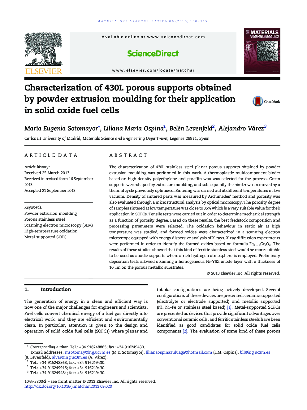 Characterization of 430L porous supports obtained by powder extrusion moulding for their application in solid oxide fuel cells