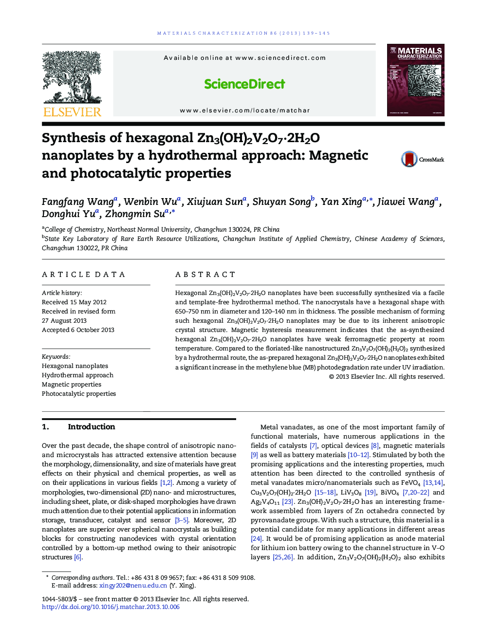 Synthesis of hexagonal Zn3(OH)2V2O7·2H2O nanoplates by a hydrothermal approach: Magnetic and photocatalytic properties