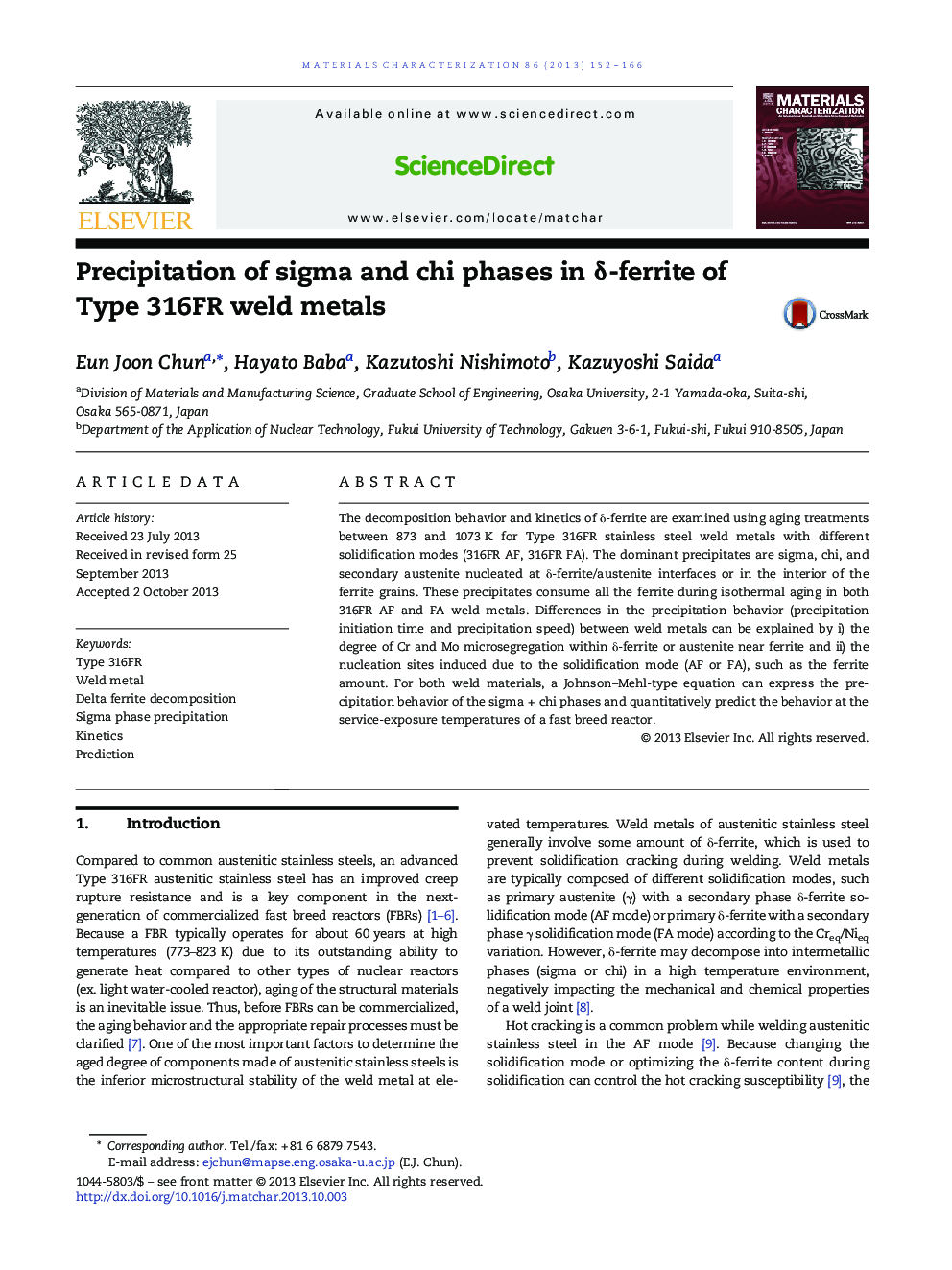 Precipitation of sigma and chi phases in Î´-ferrite of Type 316FR weld metals