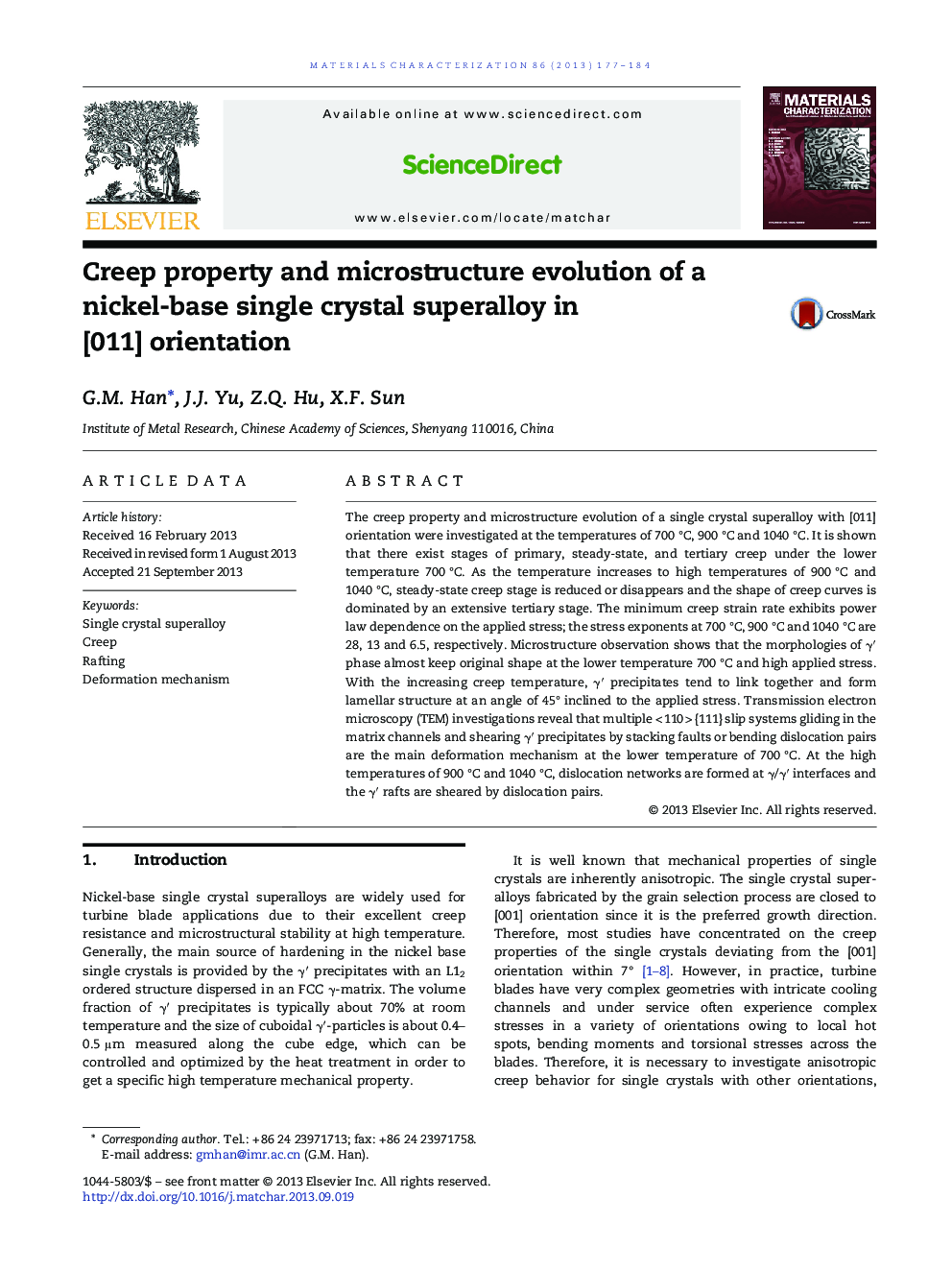 Creep property and microstructure evolution of a nickel-base single crystal superalloy in [011] orientation