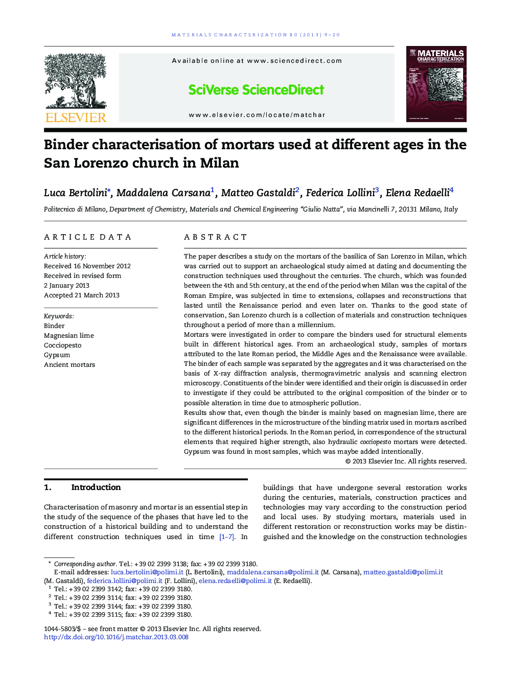 Binder characterisation of mortars used at different ages in the San Lorenzo church in Milan