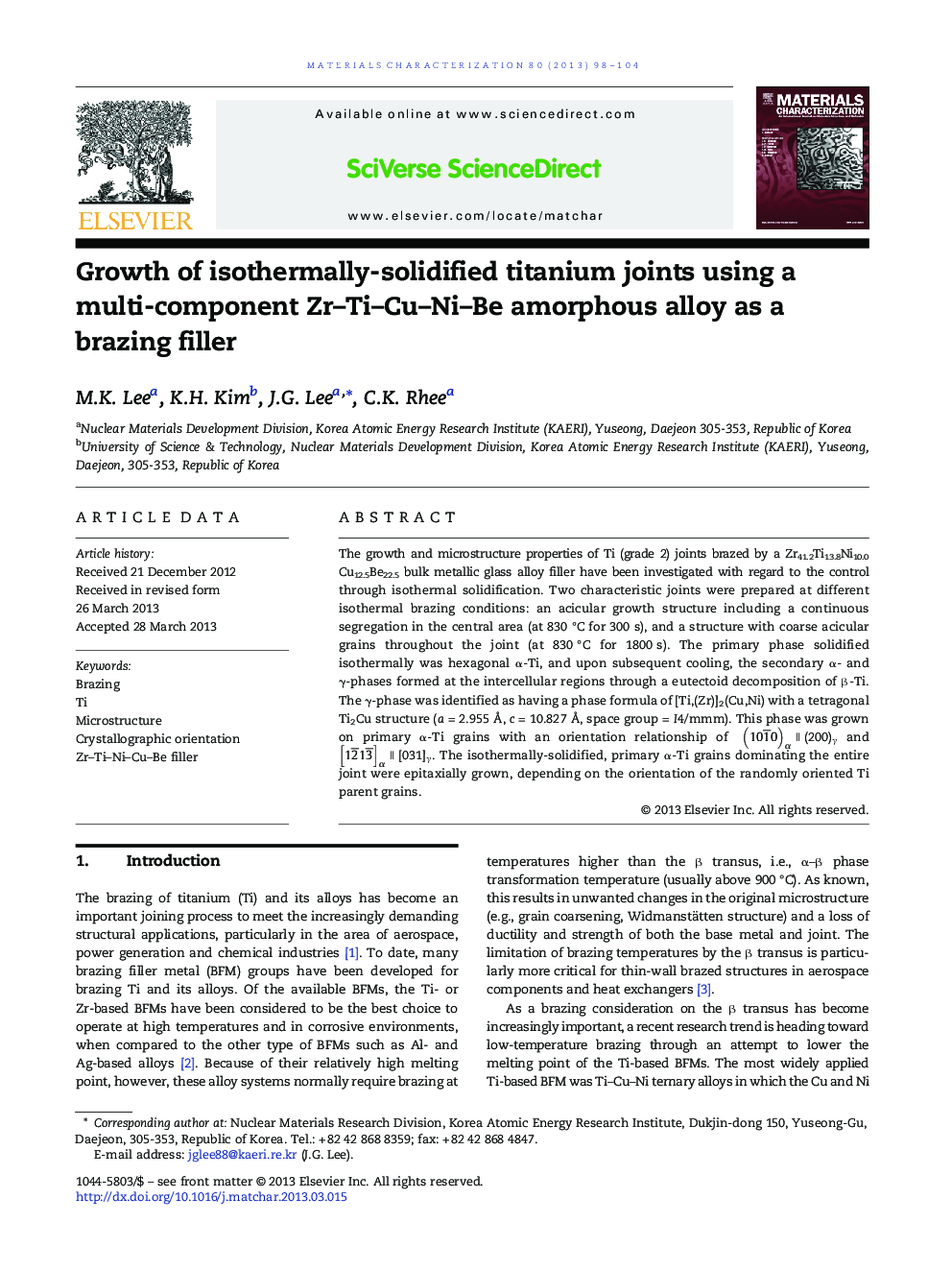 Growth of isothermally-solidified titanium joints using a multi-component Zr–Ti–Cu–Ni–Be amorphous alloy as a brazing filler