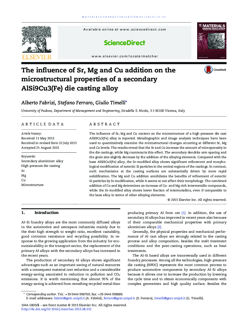 The influence of Sr, Mg and Cu addition on the microstructural properties of a secondary AlSi9Cu3(Fe) die casting alloy