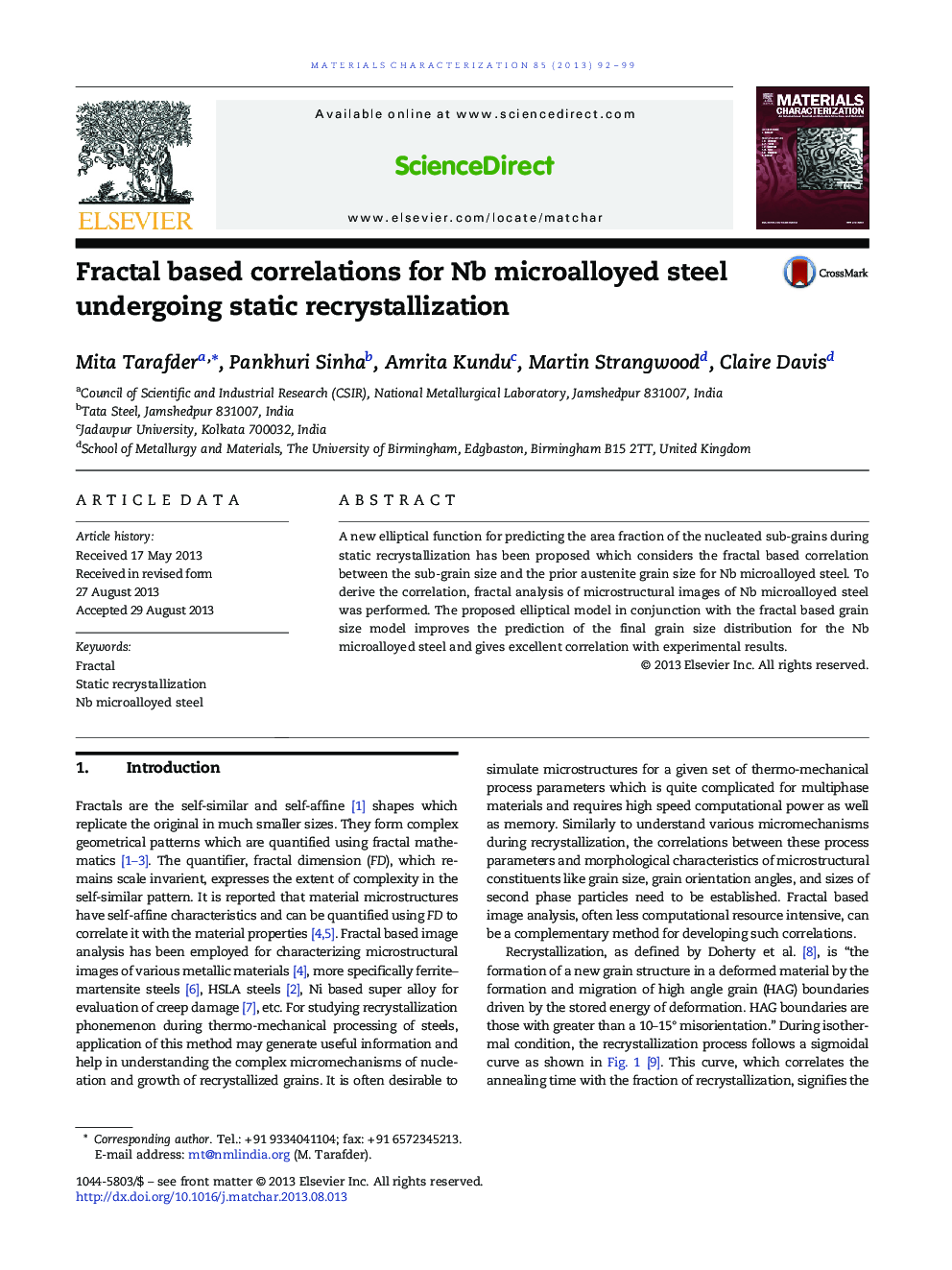 Fractal based correlations for Nb microalloyed steel undergoing static recrystallization