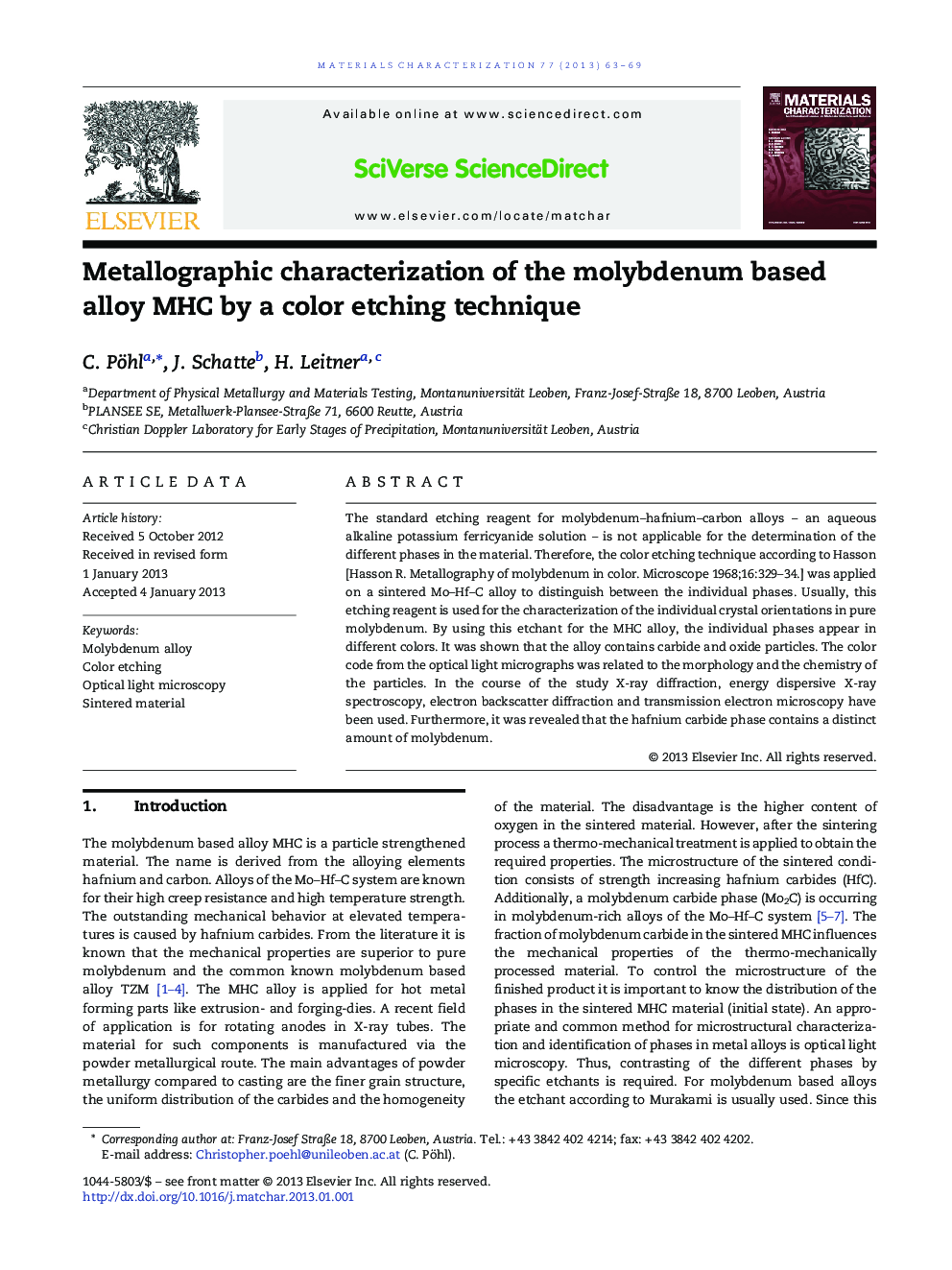 Metallographic characterization of the molybdenum based alloy MHC by a color etching technique