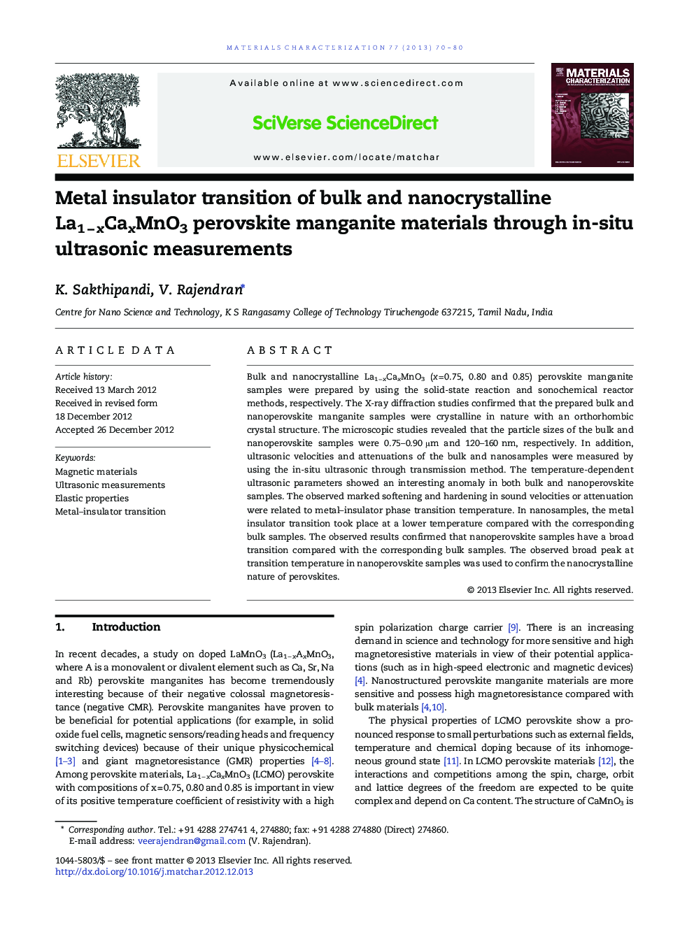 Metal insulator transition of bulk and nanocrystalline La1 − xCaxMnO3 perovskite manganite materials through in-situ ultrasonic measurements