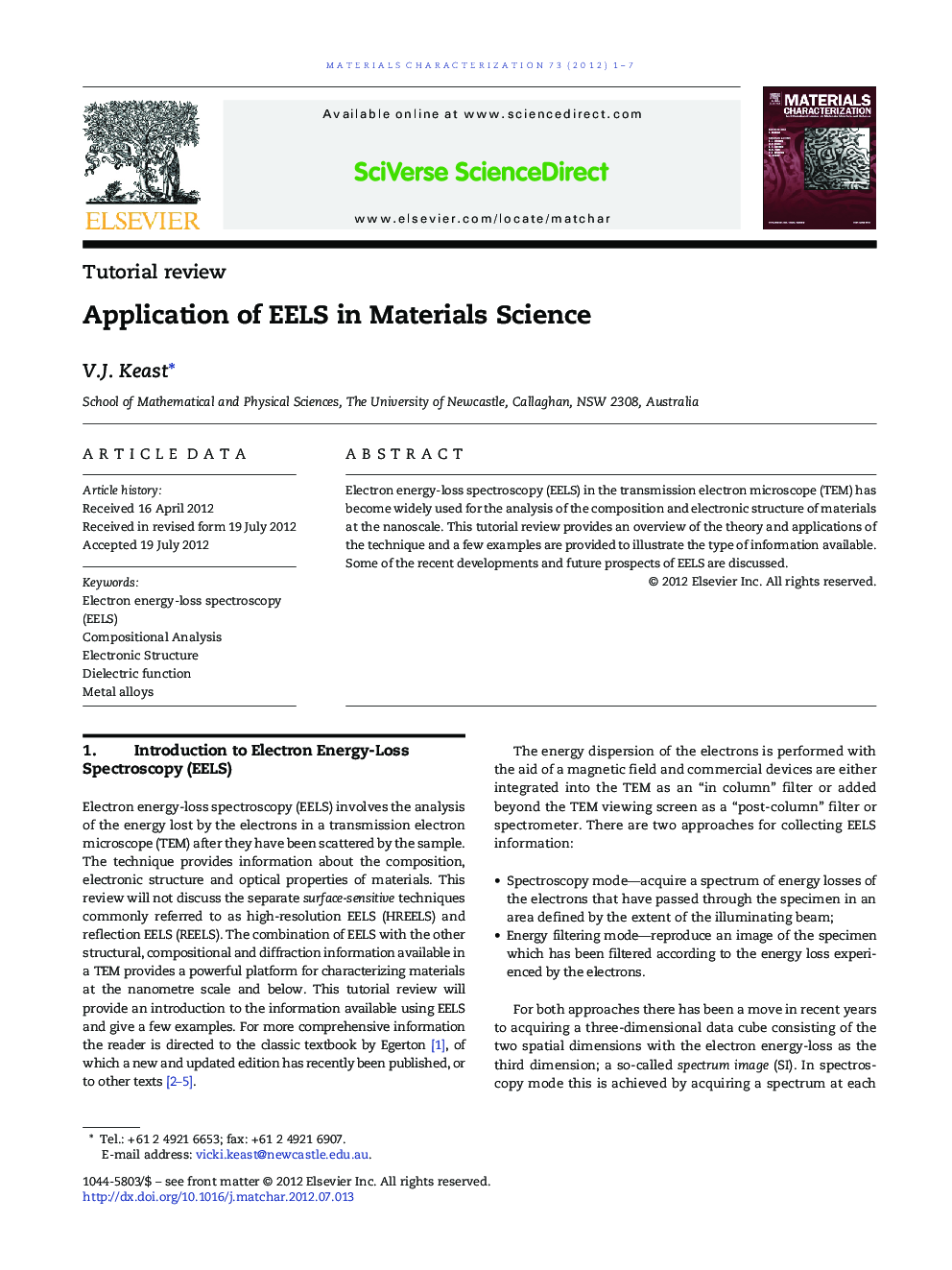Application of EELS in Materials Science