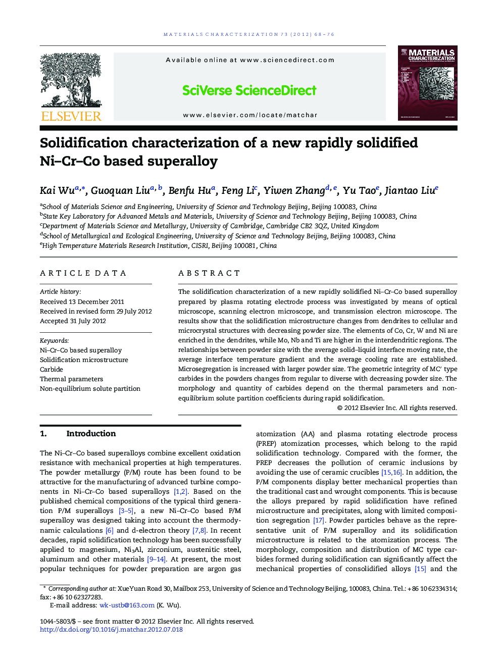 Solidification characterization of a new rapidly solidified Ni–Cr–Co based superalloy