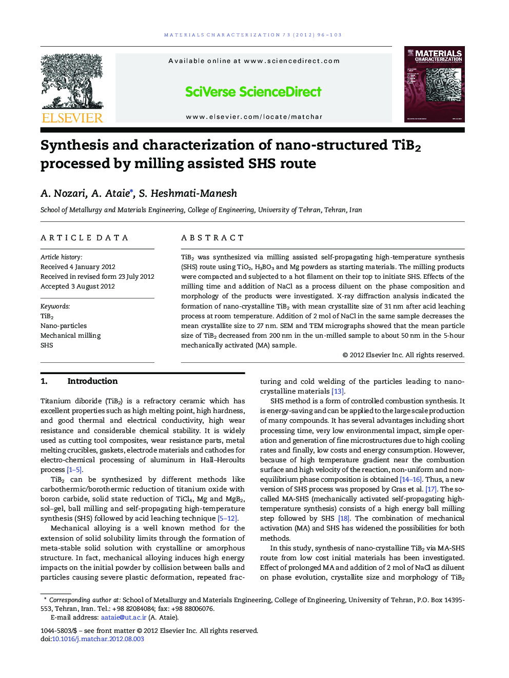 Synthesis and characterization of nano-structured TiB2 processed by milling assisted SHS route