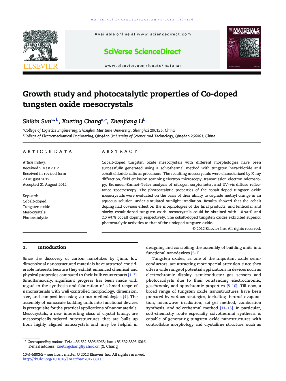 Growth study and photocatalytic properties of Co-doped tungsten oxide mesocrystals