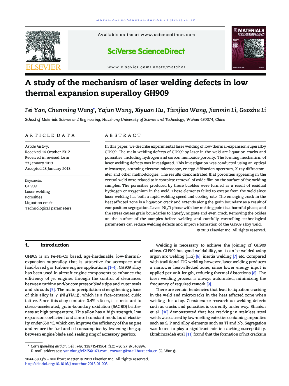 A study of the mechanism of laser welding defects in low thermal expansion superalloy GH909