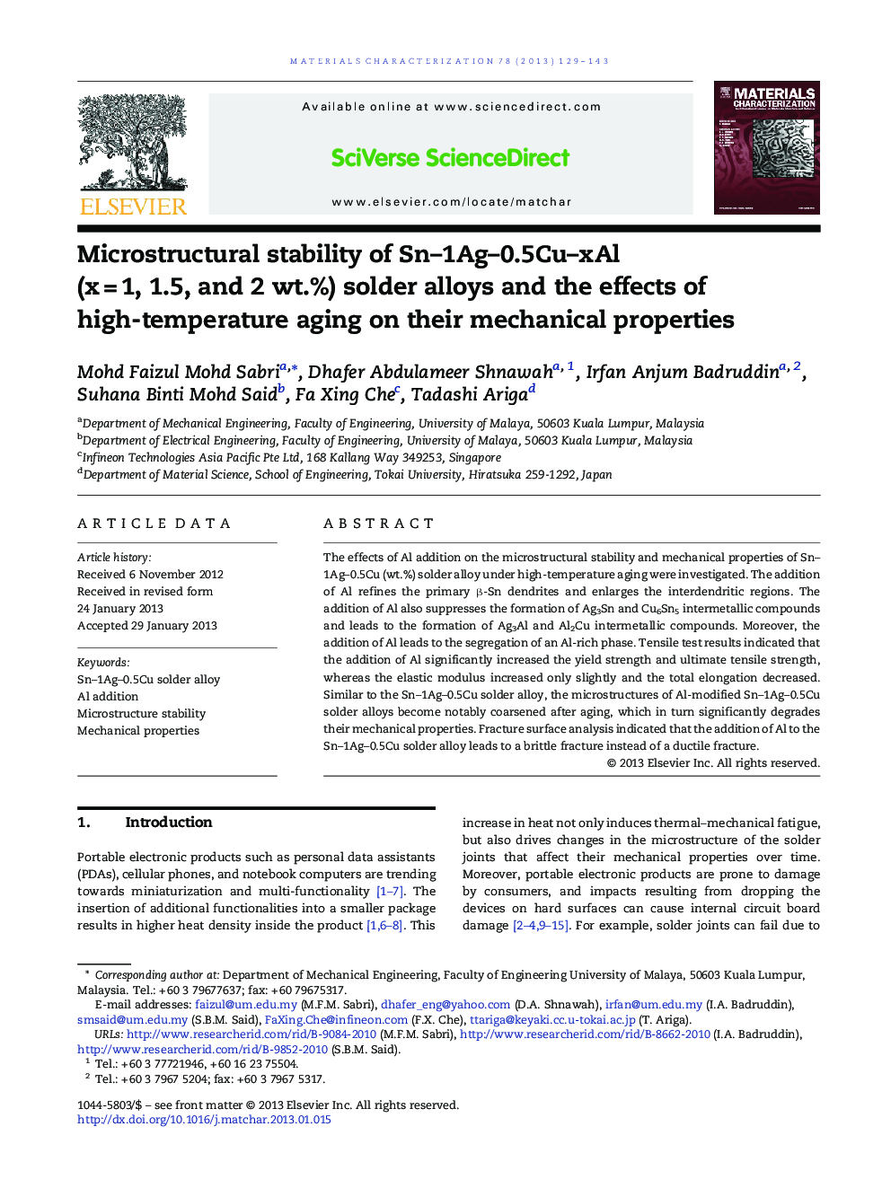 Microstructural stability of Sn-1Ag-0.5Cu-xAl (xÂ =Â 1, 1.5, and 2Â wt.%) solder alloys and the effects of high-temperature aging on their mechanical properties