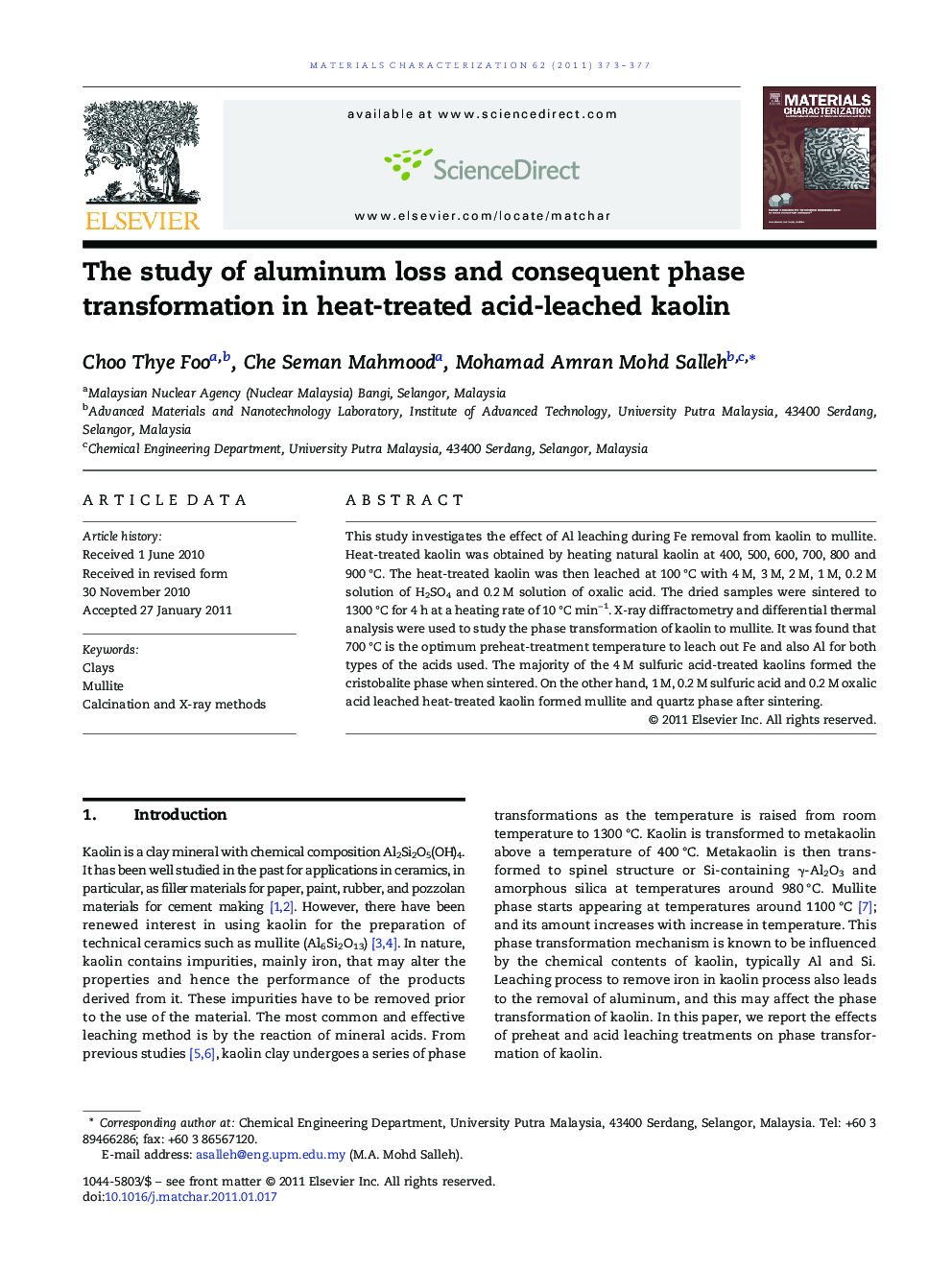 The study of aluminum loss and consequent phase transformation in heat-treated acid-leached kaolin