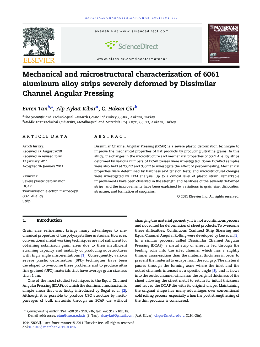 Mechanical and microstructural characterization of 6061 aluminum alloy strips severely deformed by Dissimilar Channel Angular Pressing