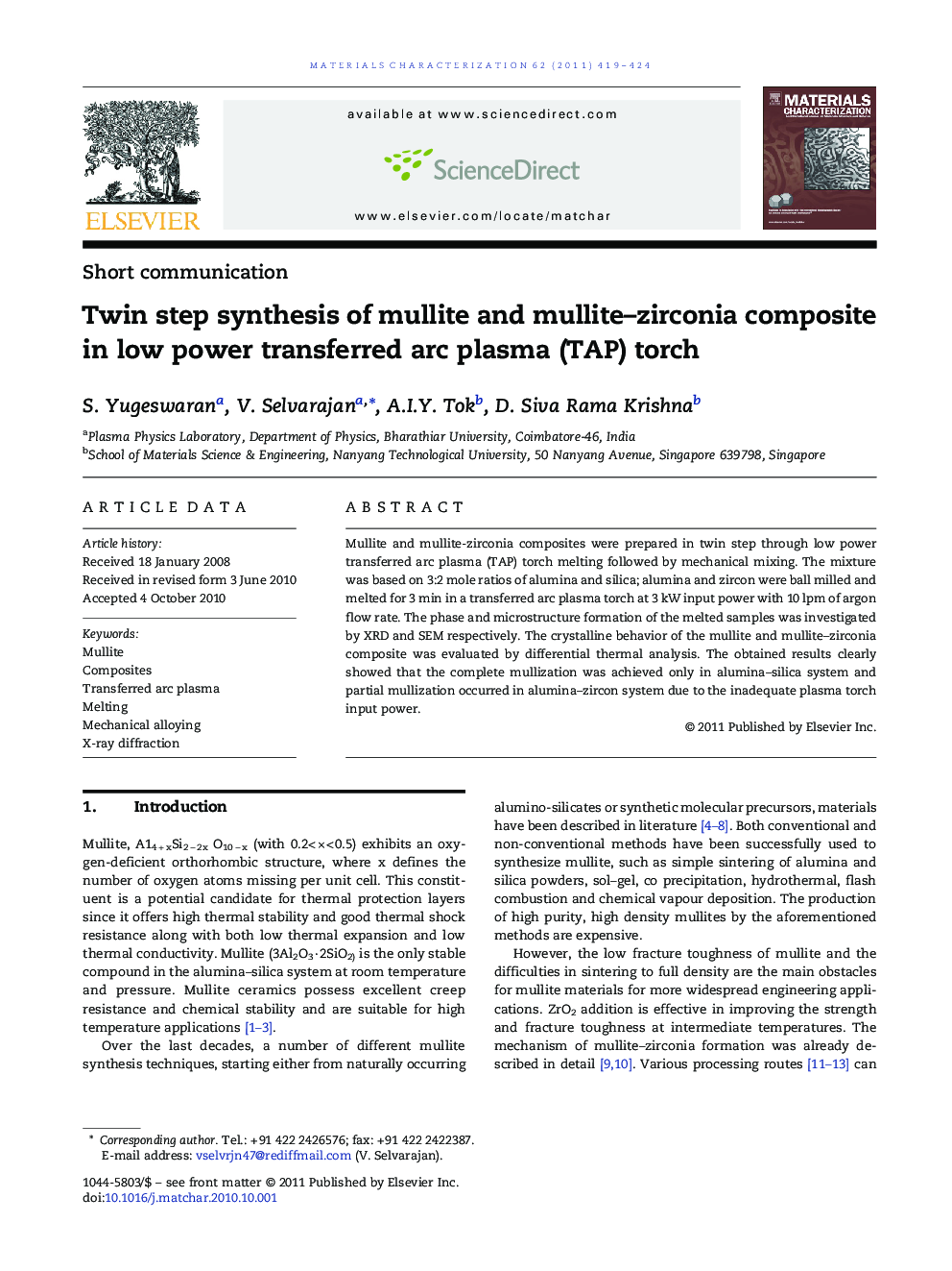 Twin step synthesis of mullite and mullite–zirconia composite in low power transferred arc plasma (TAP) torch