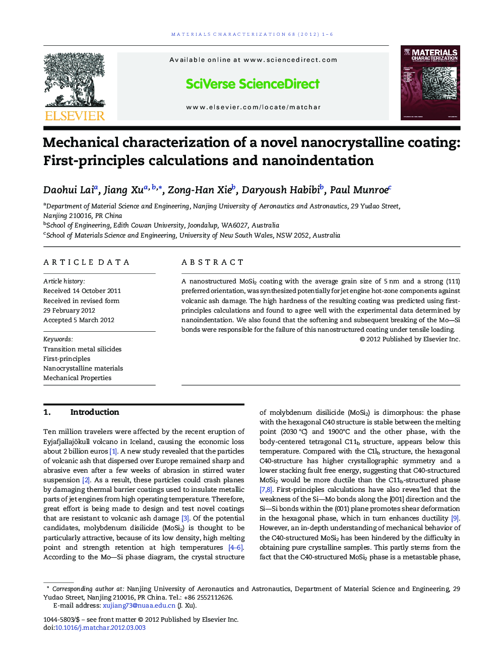 Mechanical characterization of a novel nanocrystalline coating: First-principles calculations and nanoindentation