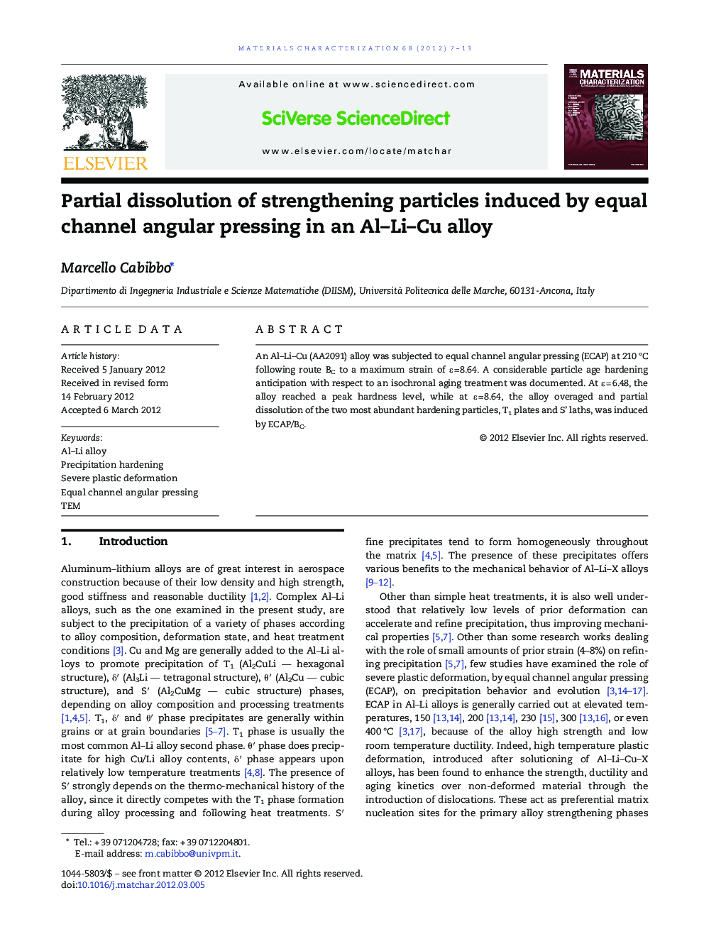 Partial dissolution of strengthening particles induced by equal channel angular pressing in an Al–Li–Cu alloy