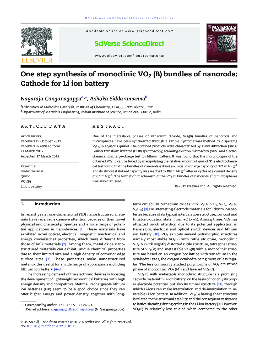 One step synthesis of monoclinic VO2 (B) bundles of nanorods: Cathode for Li ion battery