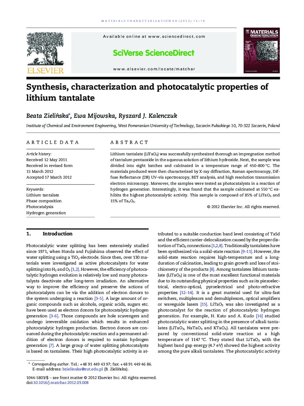 Synthesis, characterization and photocatalytic properties of lithium tantalate