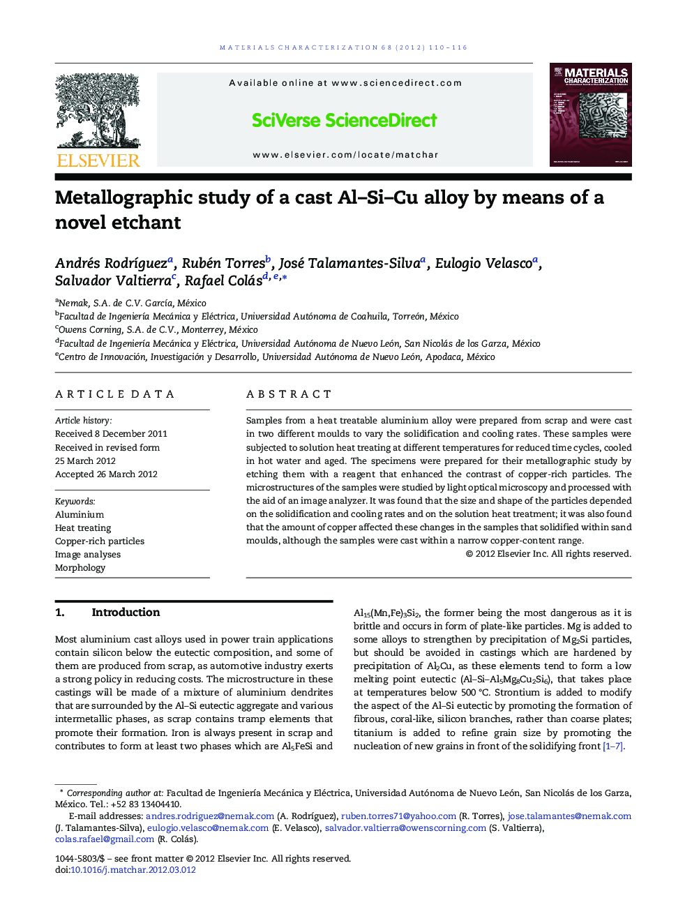 Metallographic study of a cast Al-Si-Cu alloy by means of a novel etchant