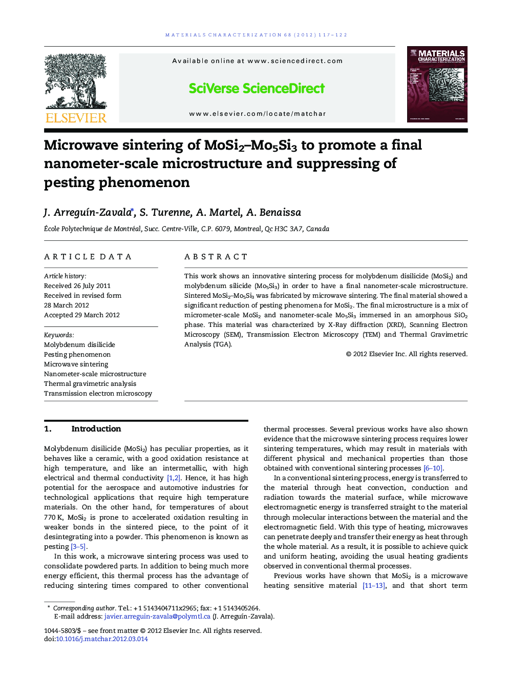 Microwave sintering of MoSi2-Mo5Si3 to promote a final nanometer-scale microstructure and suppressing of pesting phenomenon