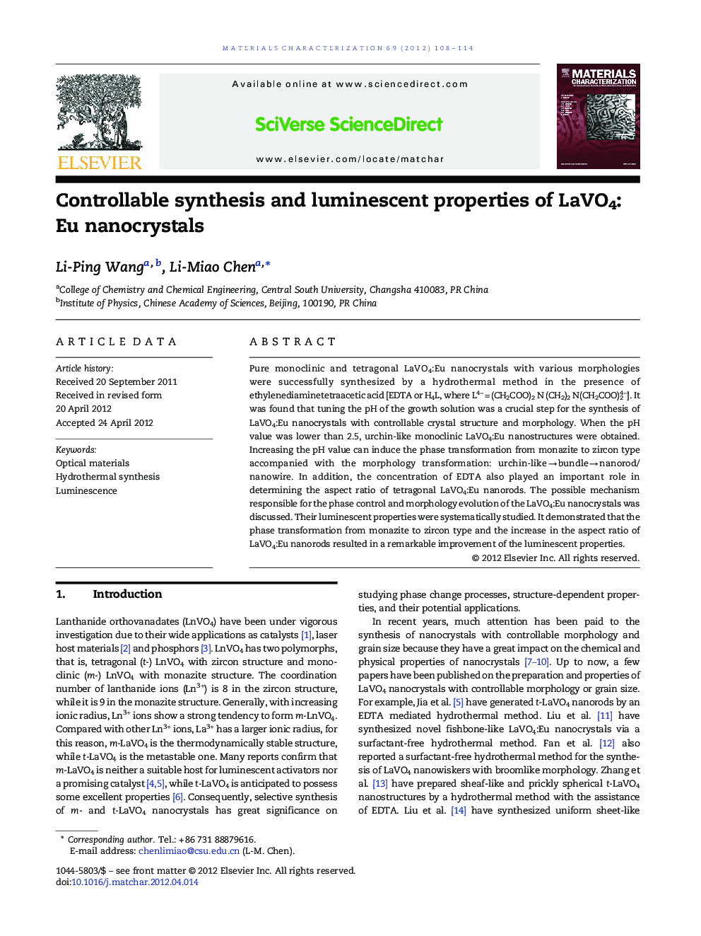 Controllable synthesis and luminescent properties of LaVO4: Eu nanocrystals