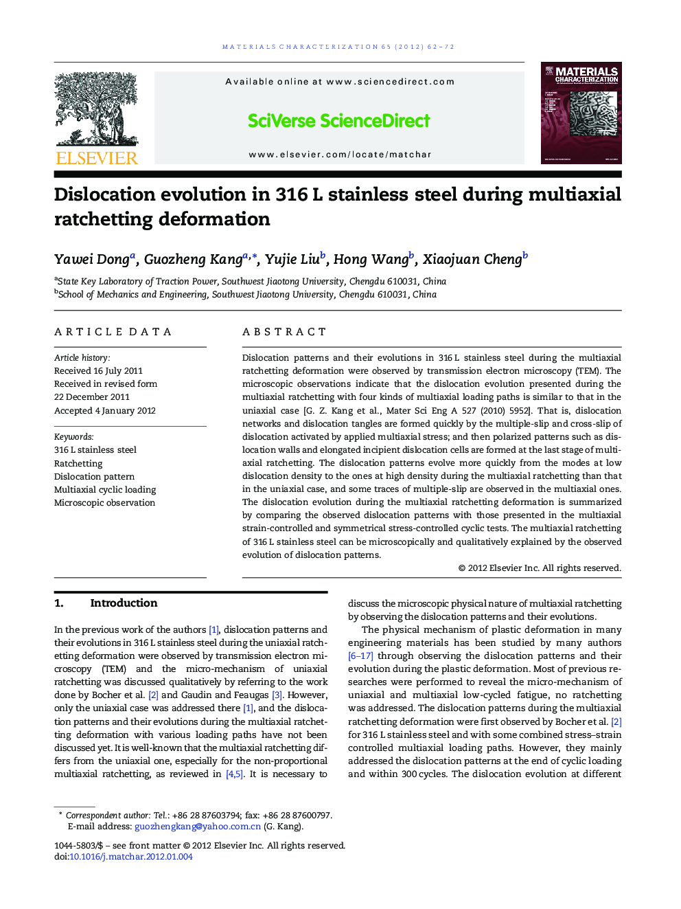 Dislocation evolution in 316Â L stainless steel during multiaxial ratchetting deformation