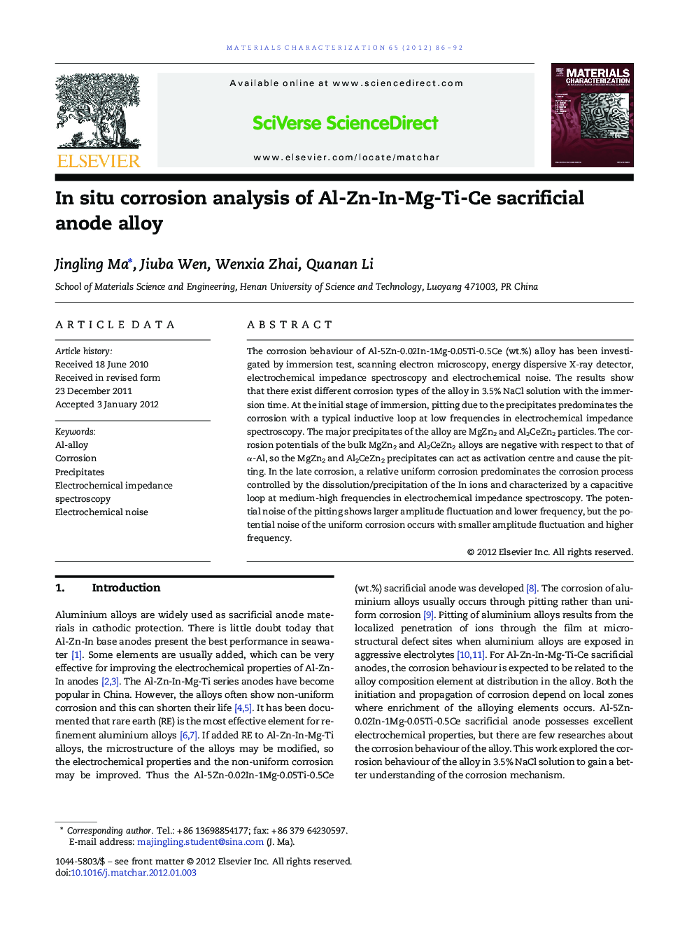 In situ corrosion analysis of Al-Zn-In-Mg-Ti-Ce sacrificial anode alloy