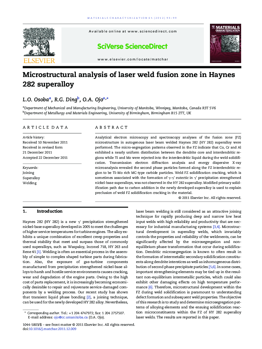 Microstructural analysis of laser weld fusion zone in Haynes 282 superalloy