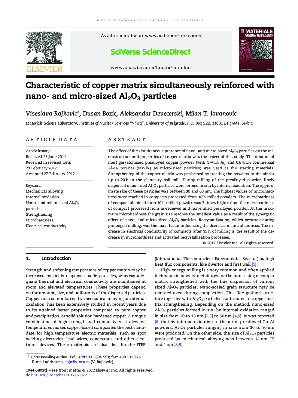 Characteristic of copper matrix simultaneously reinforced with nano- and micro-sized Al2O3 particles